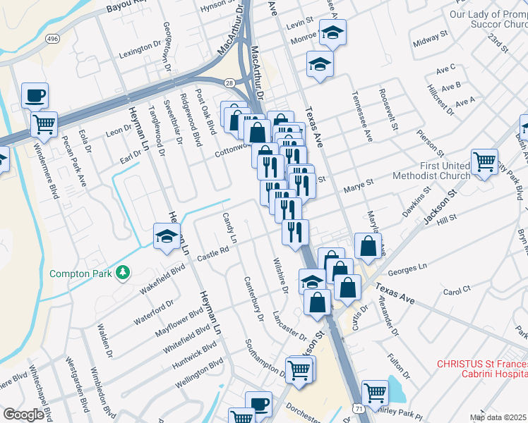 map of restaurants, bars, coffee shops, grocery stores, and more near 1008 Hansel Drive in Alexandria