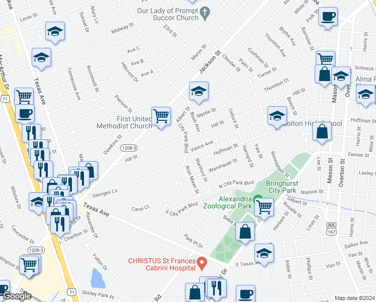 map of restaurants, bars, coffee shops, grocery stores, and more near 2625 Vance Avenue in Alexandria