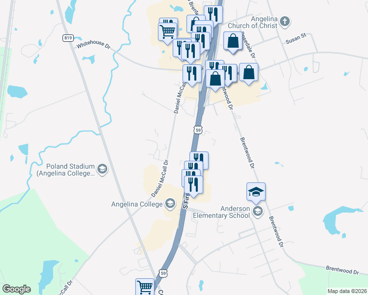 map of restaurants, bars, coffee shops, grocery stores, and more near 3010 South 1st Street in Lufkin