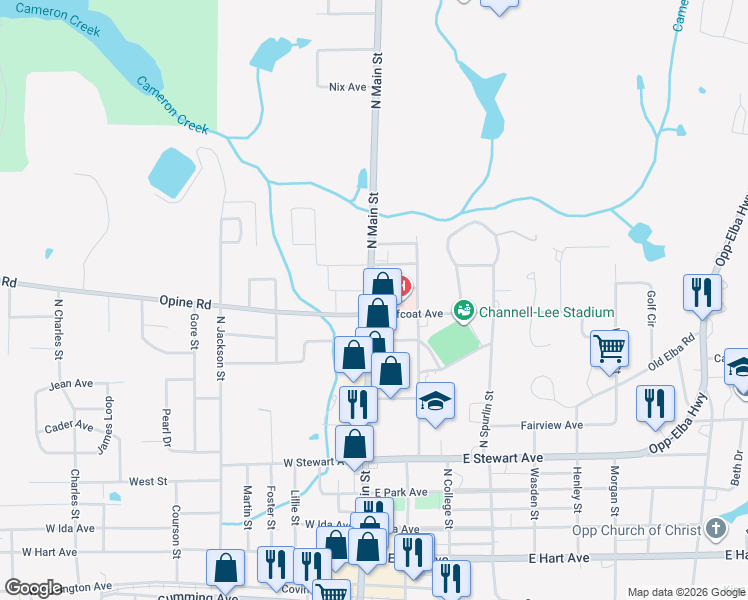 map of restaurants, bars, coffee shops, grocery stores, and more near 198 West Jeffcoat Avenue in Opp