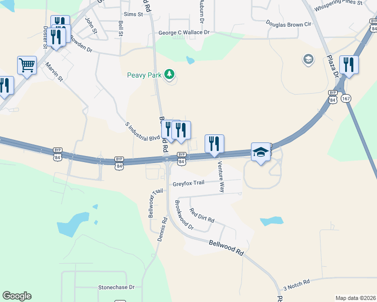 map of restaurants, bars, coffee shops, grocery stores, and more near Brabham Drive in Enterprise