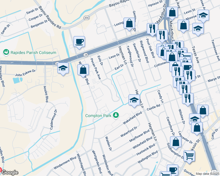 map of restaurants, bars, coffee shops, grocery stores, and more near 4325 Clubhouse Drive in Alexandria