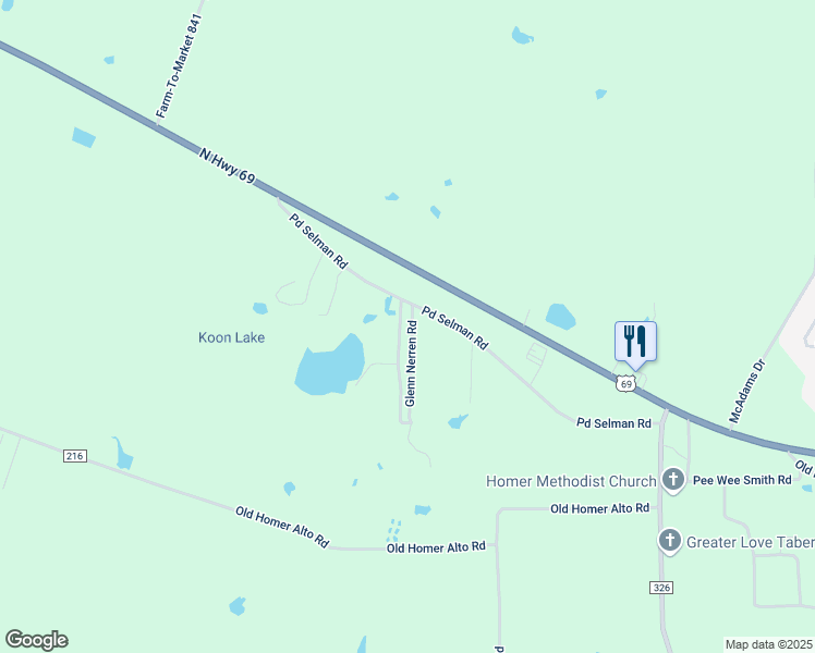 map of restaurants, bars, coffee shops, grocery stores, and more near County Road 214 A in Lufkin