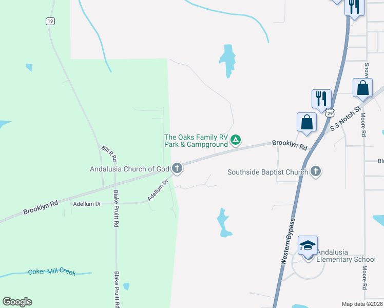 map of restaurants, bars, coffee shops, grocery stores, and more near 1300-1398 Brooklyn Road in Andalusia