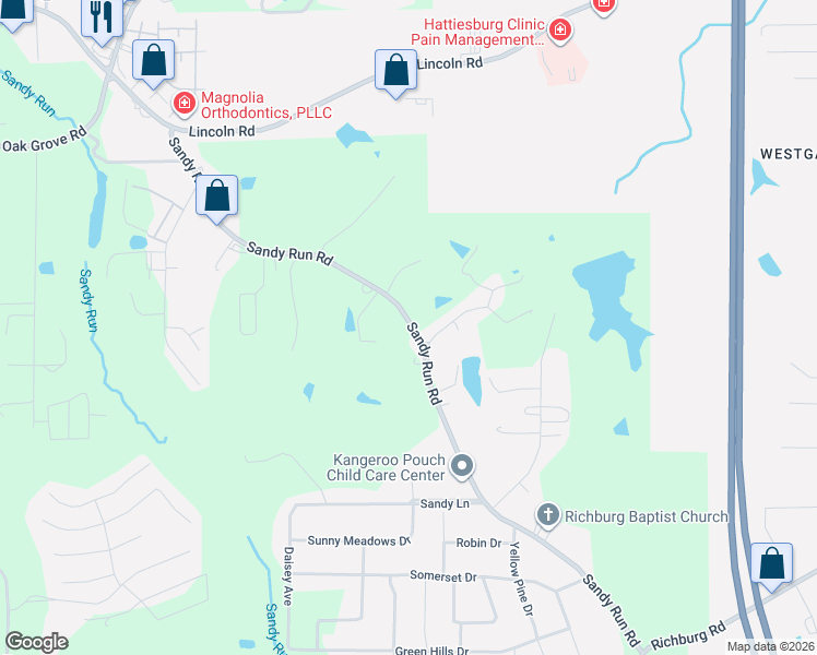 map of restaurants, bars, coffee shops, grocery stores, and more near 192-208 Sandy Run Road in Hattiesburg