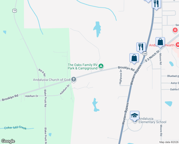 map of restaurants, bars, coffee shops, grocery stores, and more near 300-306 Jericho Road in Andalusia