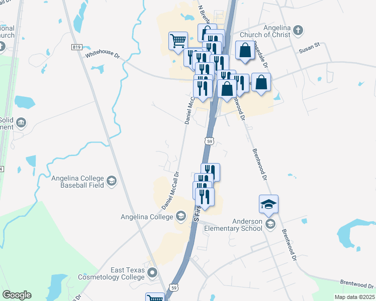 map of restaurants, bars, coffee shops, grocery stores, and more near 3000 South 1st Street in Lufkin