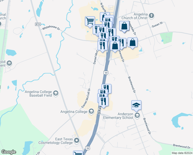 map of restaurants, bars, coffee shops, grocery stores, and more near 3000 South First Street in Lufkin