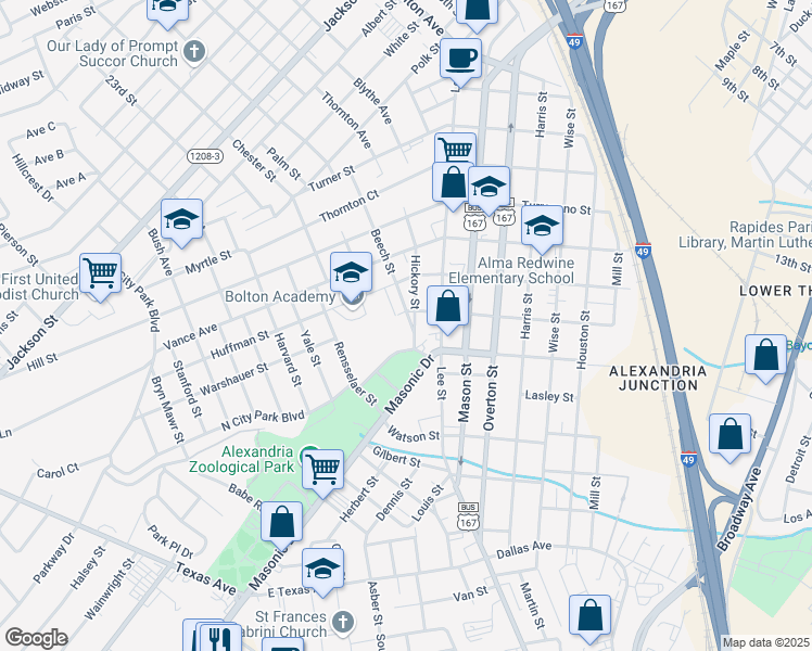 map of restaurants, bars, coffee shops, grocery stores, and more near 1804 Beech Street in Alexandria