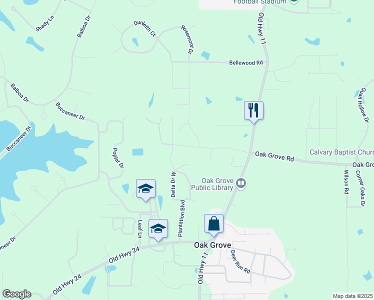 map of restaurants, bars, coffee shops, grocery stores, and more near 16 Plantation Drive in Hattiesburg