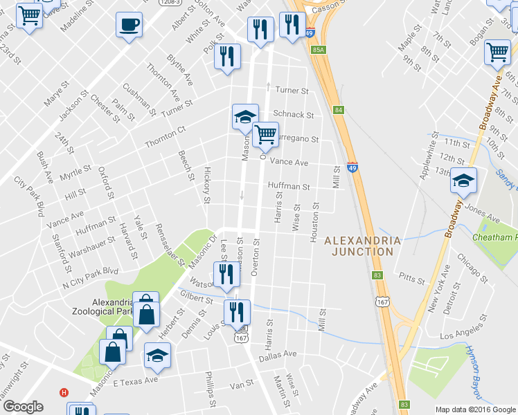 map of restaurants, bars, coffee shops, grocery stores, and more near 1501 Warshauer Street in Alexandria