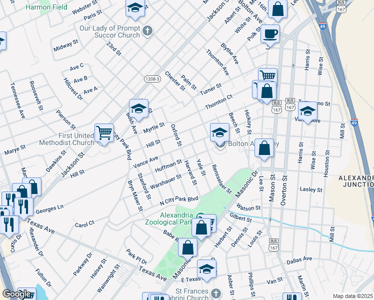 map of restaurants, bars, coffee shops, grocery stores, and more near 1623 Harvard Street in Alexandria