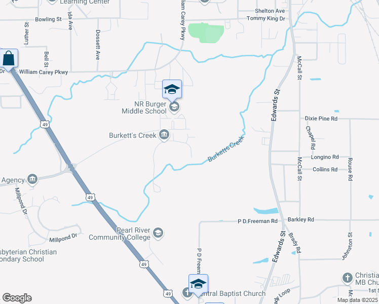 map of restaurants, bars, coffee shops, grocery stores, and more near 11 Burketts Creek Drive in Hattiesburg