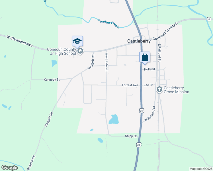 map of restaurants, bars, coffee shops, grocery stores, and more near West Side Rd in Castleberry