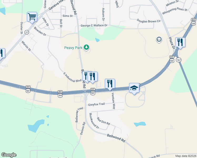 map of restaurants, bars, coffee shops, grocery stores, and more near Brabham Drive in Enterprise