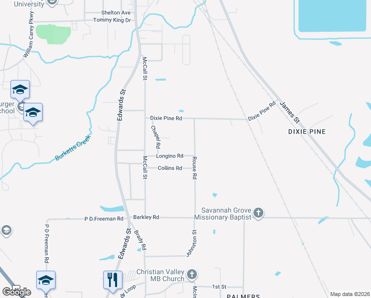 map of restaurants, bars, coffee shops, grocery stores, and more near 41 Longino Road in Hattiesburg