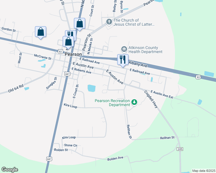 map of restaurants, bars, coffee shops, grocery stores, and more near 166 Pittman Street in Pearson