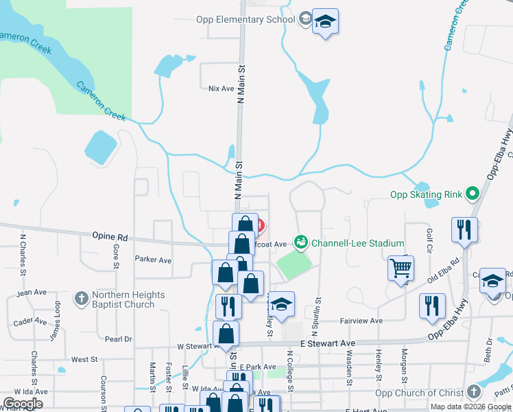 map of restaurants, bars, coffee shops, grocery stores, and more near 104 Paulk Avenue in Opp