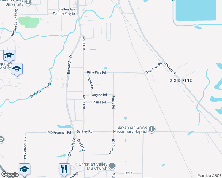 map of restaurants, bars, coffee shops, grocery stores, and more near 41-99 Longino Road in Hattiesburg