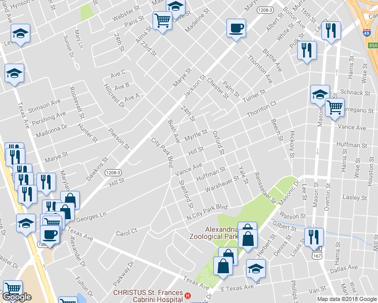 map of restaurants, bars, coffee shops, grocery stores, and more near 2454 Hill Street in Alexandria