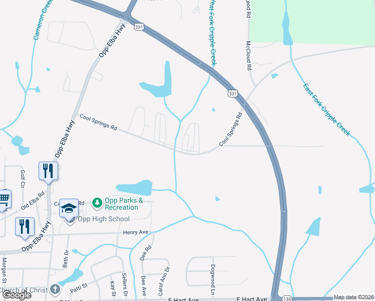 map of restaurants, bars, coffee shops, grocery stores, and more near 700 Dotty Lane in Opp