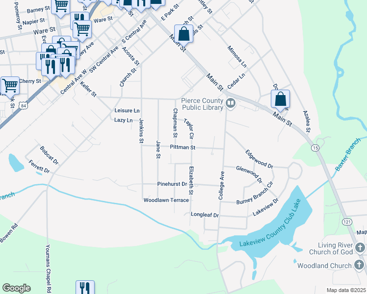 map of restaurants, bars, coffee shops, grocery stores, and more near Pittman Street in Blackshear