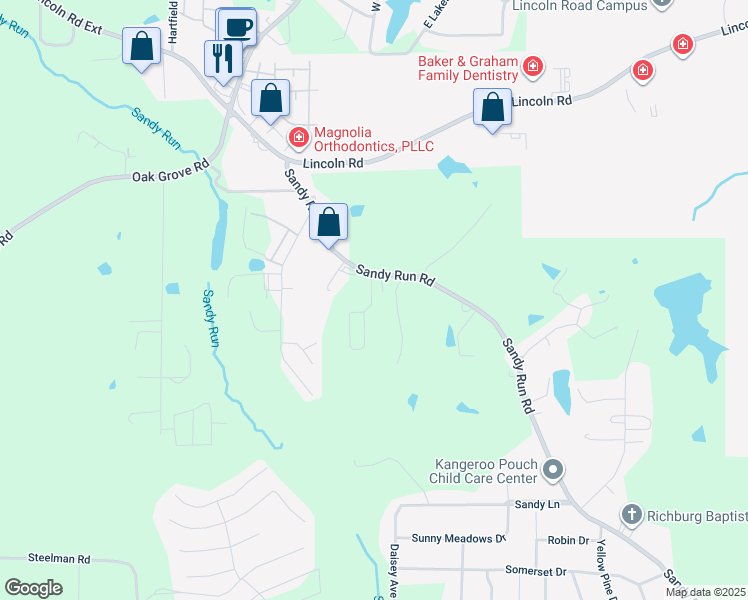 map of restaurants, bars, coffee shops, grocery stores, and more near 107 Bramblett Drive in Hattiesburg