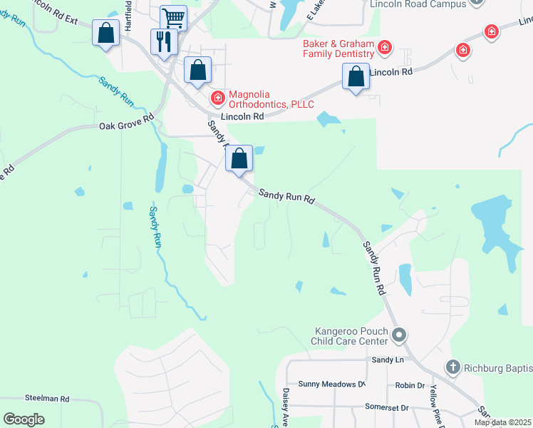 map of restaurants, bars, coffee shops, grocery stores, and more near 107 Bramblett Drive in Hattiesburg