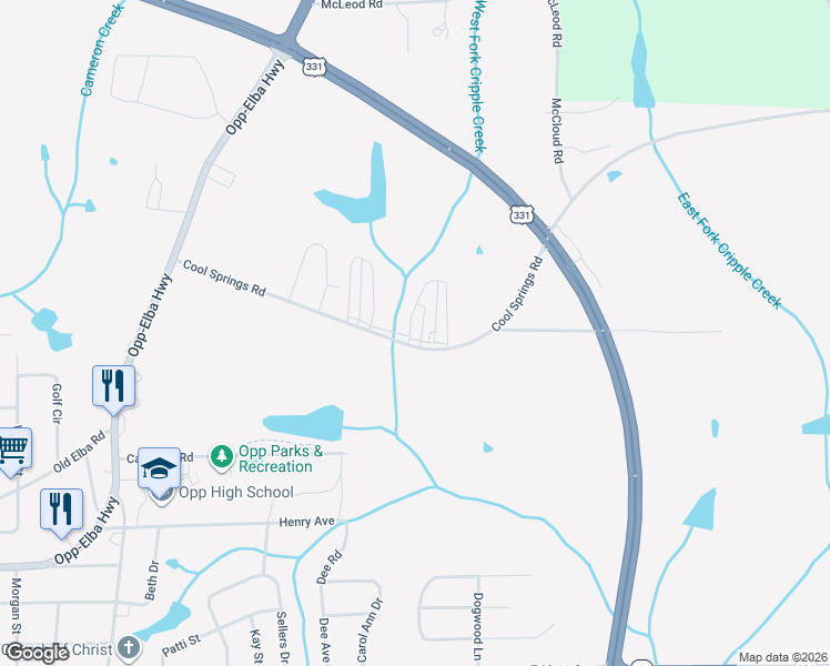 map of restaurants, bars, coffee shops, grocery stores, and more near 600 Earnhardt Circle in Opp