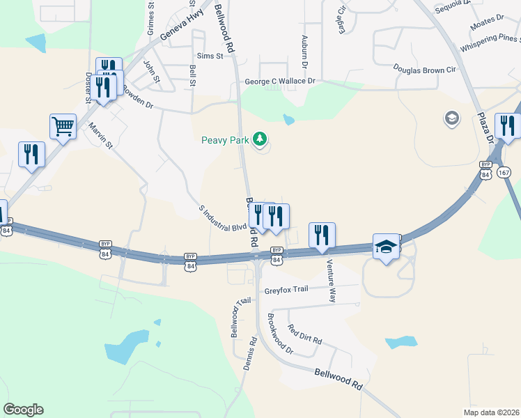 map of restaurants, bars, coffee shops, grocery stores, and more near 1201-1331 Bellwood Road in Enterprise