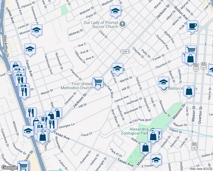 map of restaurants, bars, coffee shops, grocery stores, and more near 800 City Park Boulevard in Alexandria