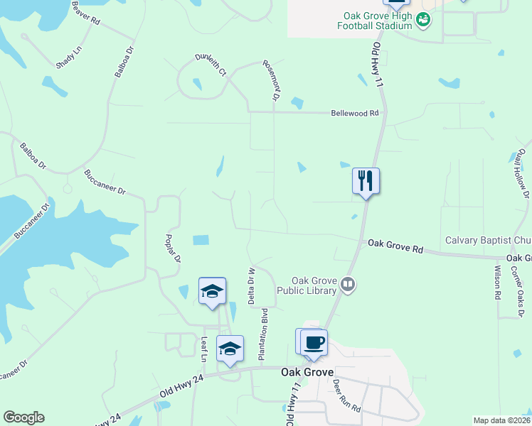 map of restaurants, bars, coffee shops, grocery stores, and more near 17 Plantation Drive in Hattiesburg