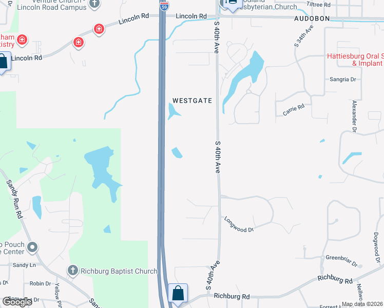 map of restaurants, bars, coffee shops, grocery stores, and more near 1643 South 40th Avenue in Hattiesburg