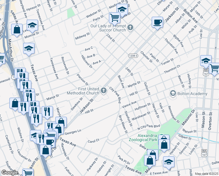 map of restaurants, bars, coffee shops, grocery stores, and more near 800-898 City Park Blvd in Alexandria