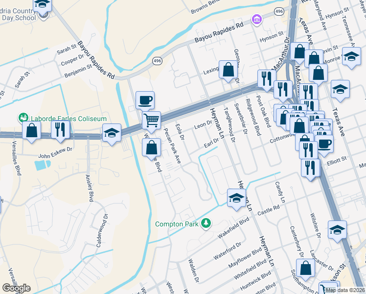 map of restaurants, bars, coffee shops, grocery stores, and more near 209-233 Pecan Park Boulevard in Alexandria