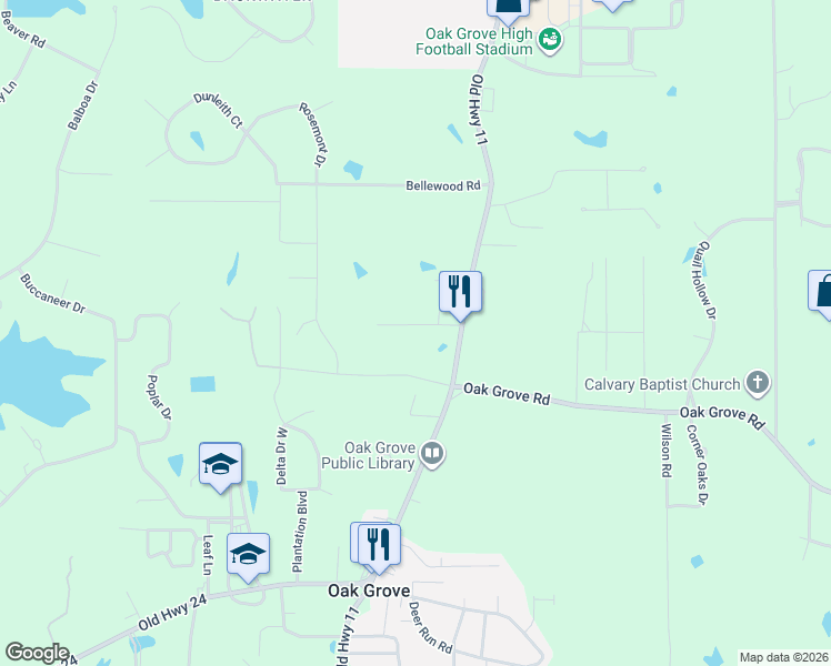 map of restaurants, bars, coffee shops, grocery stores, and more near 23 Hunters Lane in Hattiesburg