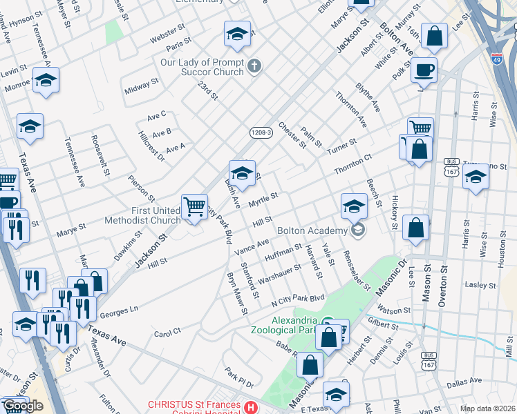 map of restaurants, bars, coffee shops, grocery stores, and more near 2409 Myrtle Street in Alexandria