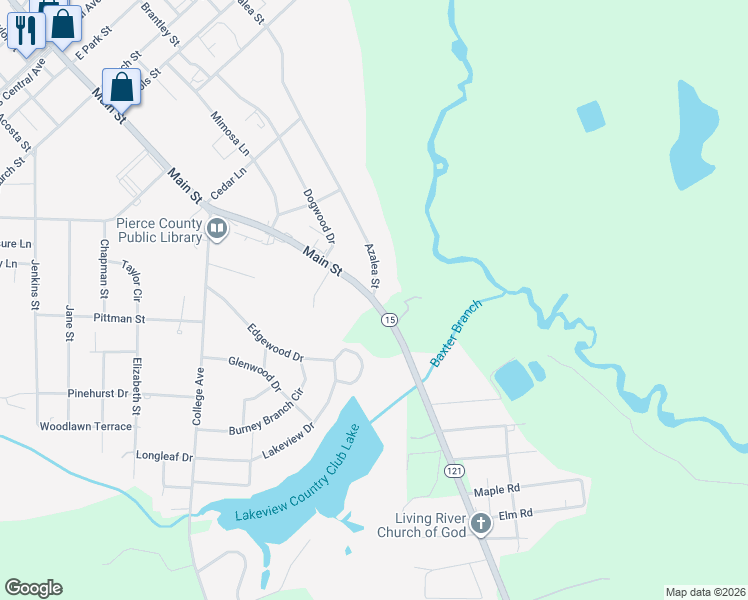 map of restaurants, bars, coffee shops, grocery stores, and more near Highway 15 in Blackshear