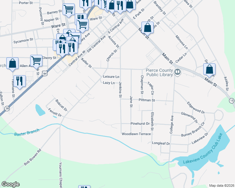 map of restaurants, bars, coffee shops, grocery stores, and more near 855 Jenkins Street in Blackshear