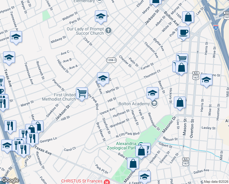 map of restaurants, bars, coffee shops, grocery stores, and more near 2409 Myrtle Street in Alexandria