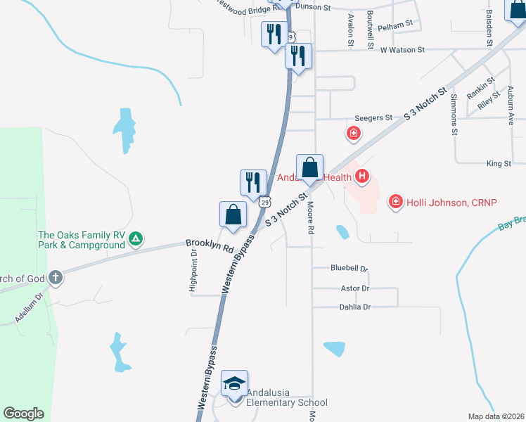 map of restaurants, bars, coffee shops, grocery stores, and more near 1015 South 3 Notch Street in Andalusia