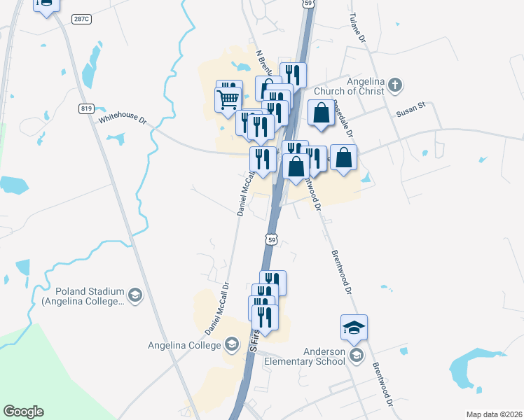 map of restaurants, bars, coffee shops, grocery stores, and more near 2807 Daniel McCall Drive in Lufkin