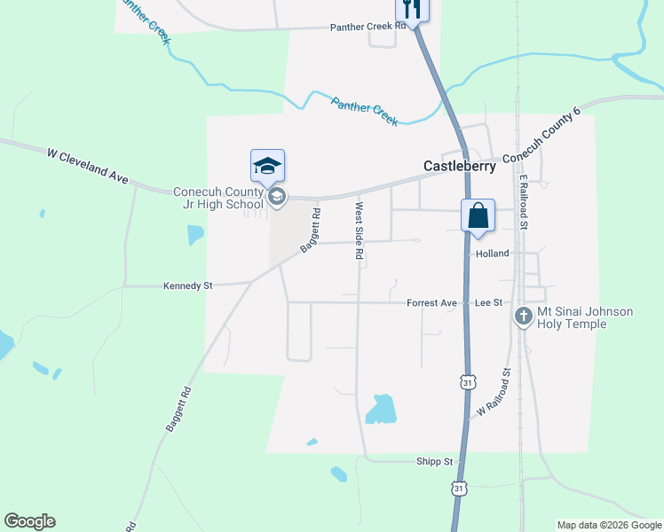 map of restaurants, bars, coffee shops, grocery stores, and more near West Side Road in Castleberry