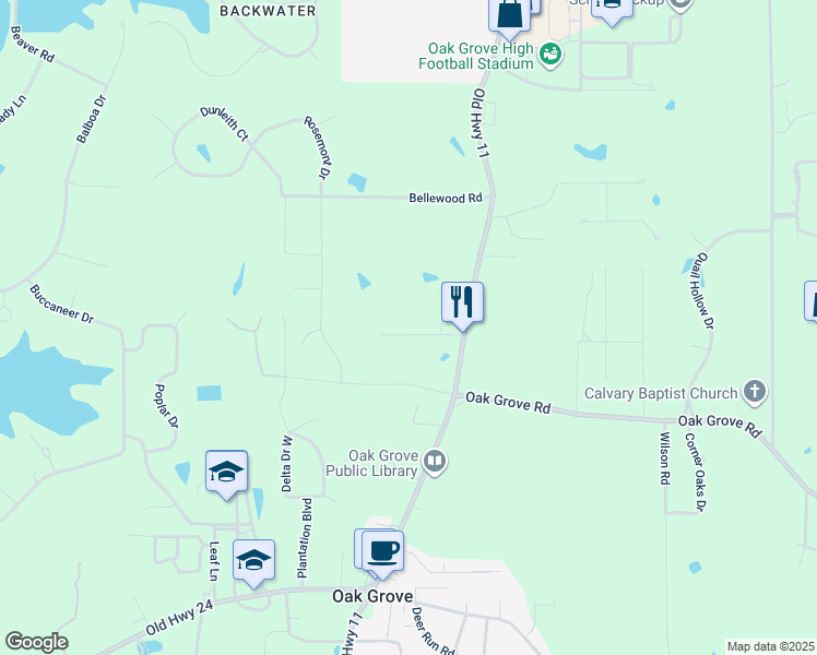 map of restaurants, bars, coffee shops, grocery stores, and more near 33 Hunter Lane in Hattiesburg