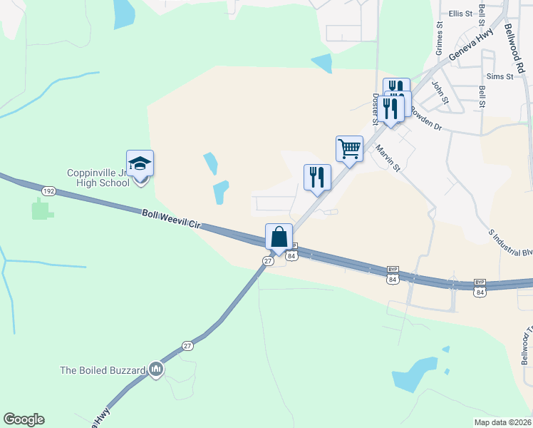 map of restaurants, bars, coffee shops, grocery stores, and more near 4805 Boll Weevil Circle in Enterprise