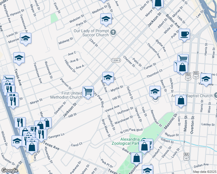 map of restaurants, bars, coffee shops, grocery stores, and more near 1319 Bush Avenue in Alexandria
