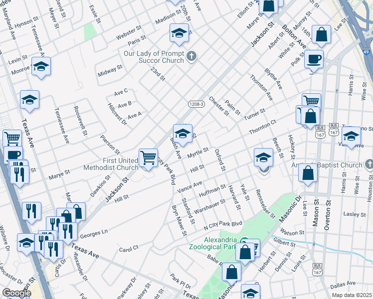 map of restaurants, bars, coffee shops, grocery stores, and more near 1319 Bush Avenue in Alexandria