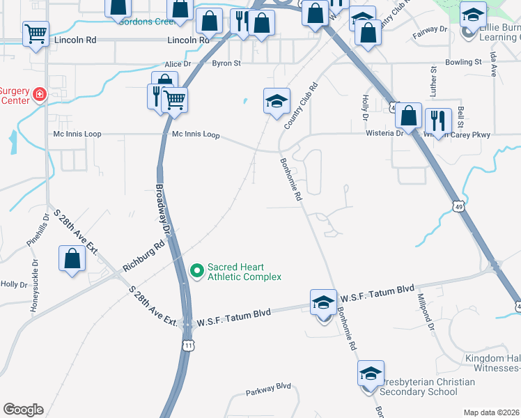 map of restaurants, bars, coffee shops, grocery stores, and more near 30 Saint Claire Parkway in Hattiesburg