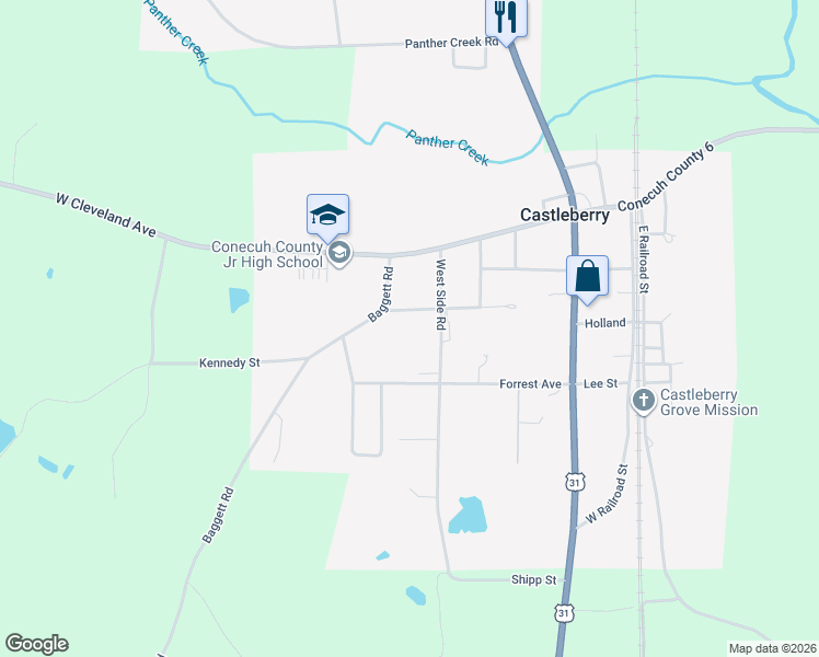 map of restaurants, bars, coffee shops, grocery stores, and more near West Side Road in Castleberry