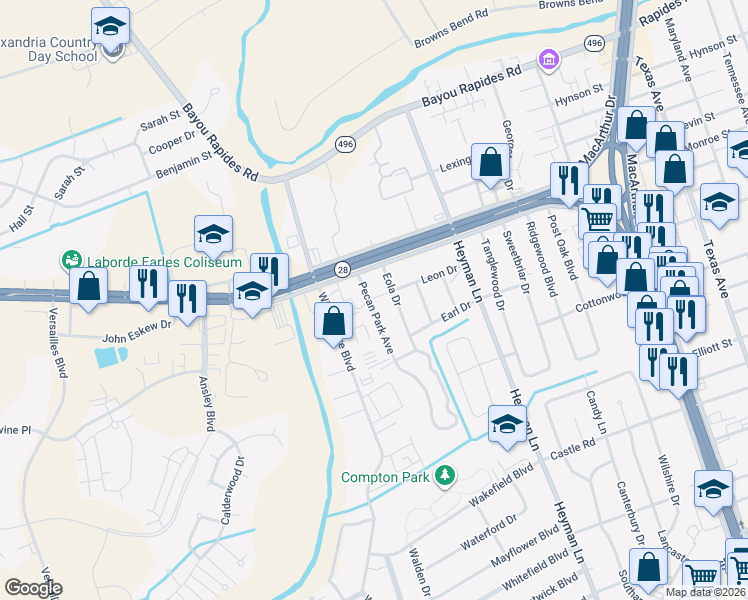 map of restaurants, bars, coffee shops, grocery stores, and more near 209 Pecan Park Boulevard in Alexandria